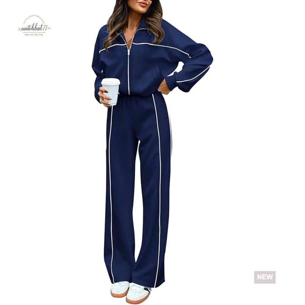 Oversized Zip Up Sweatshirt & Wide Leg Jogger Set, Long Sleeve Active Wear